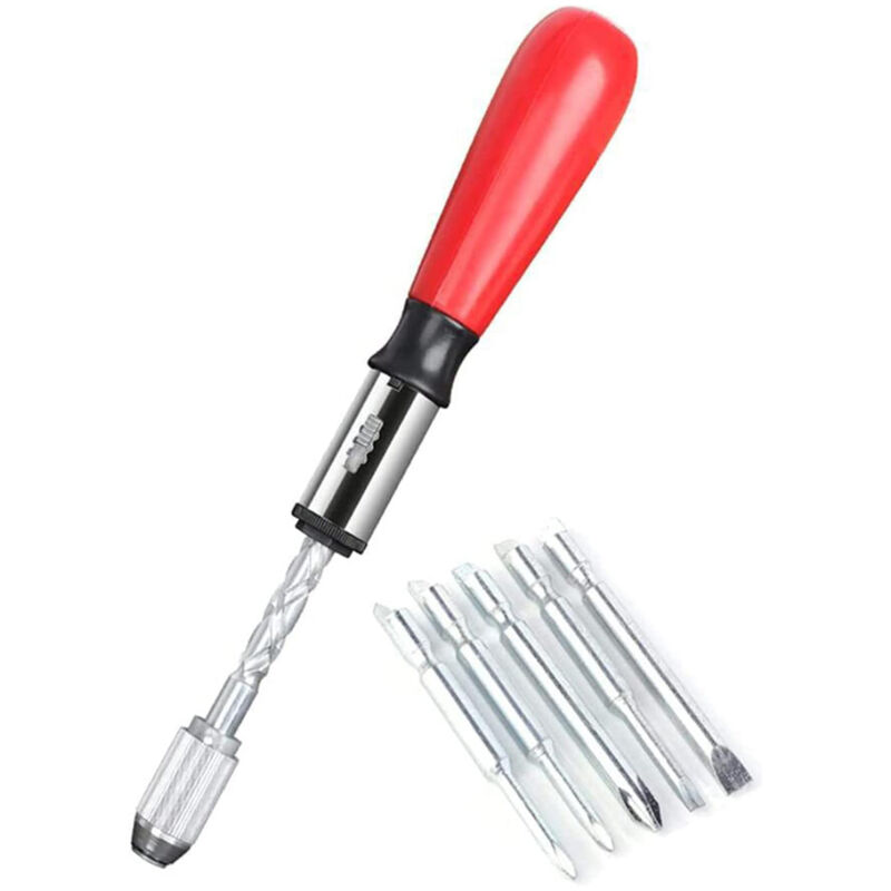 Schraubendreher in Spiralform, Klick-Klack-Schraubendreher Push-Pull, 6-in-1 Push-Pull-Klick-Schraubendrehersatz, halbautomatischer Pressetyp (Rot)