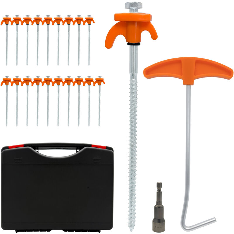 Relaxdays Schraubheringe, 20er Set, Zeltheringe Stahl, im Koffer, 20 cm lang, mit Adapter, Bodenanker, Outdoor, orange