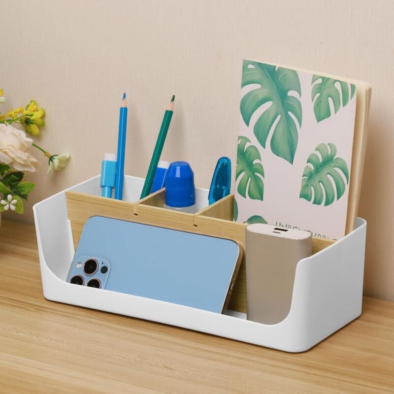 Schreibtisch-Aufbewahrungsbox mit 4 Fächern, Stiftehalter, Schreibtisch-Organizer, Halter für Stifte, Handy, Tablet, Kosmetik, Bürobedarf (27 x 11,7