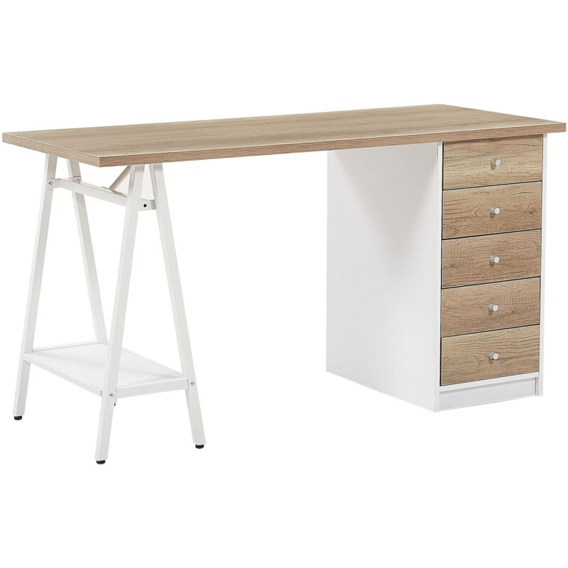 Schreibtisch heller Holzfarbton/weiss Spannplattel 140x60 cm 5 Schubladen Büro Kinderzimmer Schule