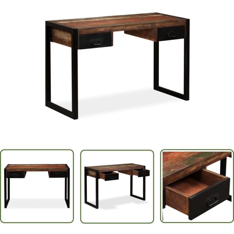 The Living Store Schreibtisch mit 2 Schubladen Altholz Massiv 120x50x76 cm - Industrieller Schreibtisch - Vintage Schreibtisch - Altholz Tisch