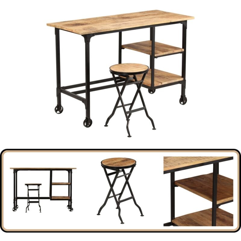 Vidaxl - Schreibtisch mit Klapphocker Mangoholz Massiv 115x50x76 cm - Antikstil Schreibtisch - Mangoholz Schreibtisch - Vintage Schreibtisch