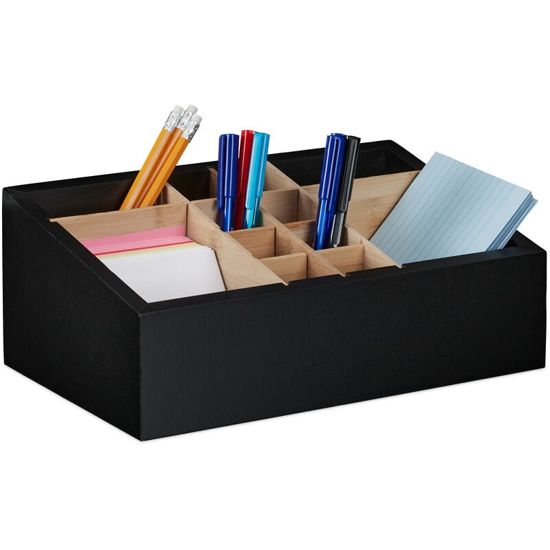 Schreibtisch Organizer, 12 Fächer, verstellbar, Bambus & mdf, Badorganizer, hbt 12 x 30 x 18 cm, schwarz/natur - Relaxdays