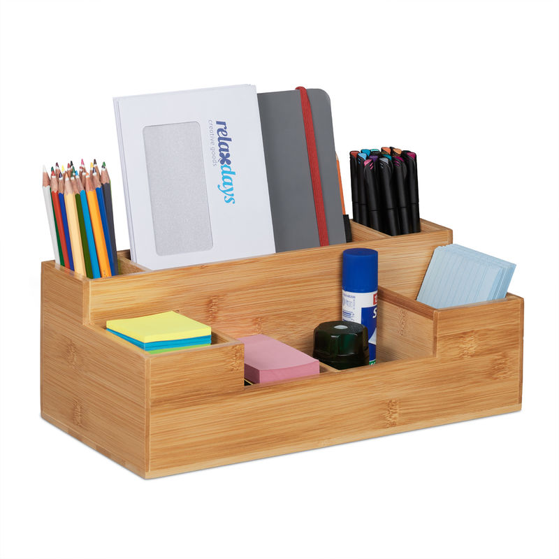 Relaxdays Schreibtisch Organizer, 7 Fächer, Bambus-Organizer, Büro, Küche, Bad, Tischorganizer HBT 11x30x15cm, natur