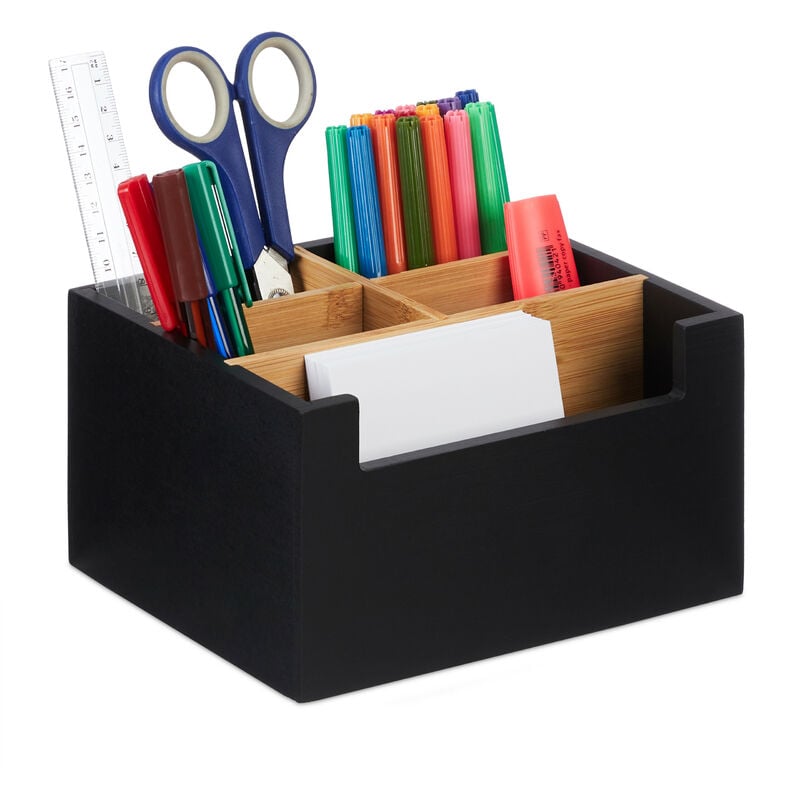 Schreibtisch Organizer, Bambus, 5 Fächer, für Bürobedarf & Kosmetik, Stiftebox, hbt: 9,5 x 18 x 15 cm, schwarz - Relaxdays