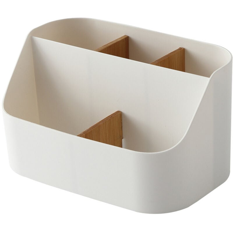 Schreibtisch-Organizer-Box aus Bambus mit 5 Fächern, multifunktionale Schreibtisch-Aufbewahrung, für Fernbedienungen, Bürobedarf, Make-up-Pinsel, weiß