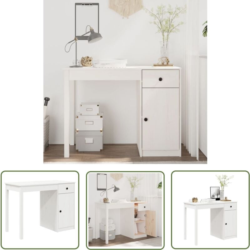 The Living Store Schreibtisch Weiß 100x50x75 cm Massivholz Kiefer - Holz Schreibtisch - Kiefer Schreibtisch - Weißer Schreibtisch - Bürostuhl - Home