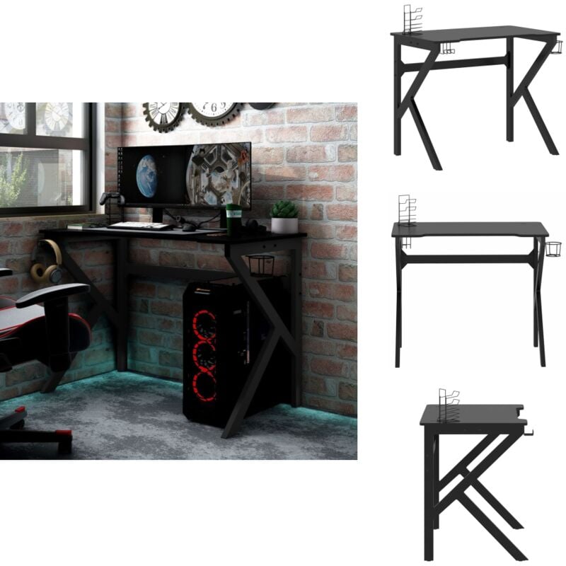 Gaming-Schreibtisch mit K-Gestell Schwarz 90x60x75 cm - Gaming Schreibtisch - Gamer Schreibtisch - Bürostuhl - Home Office - Etagen Regal