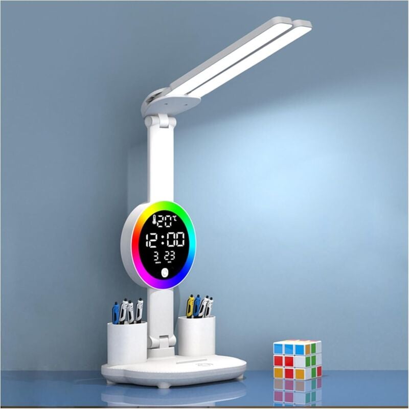 Schreibtischlampe für Kinder mit Uhr – kabellos dimmbare led – 3200 mAh – Stifthalter – LCD-Display – Kalender – Temperatur – 3 Lichtfarben –
