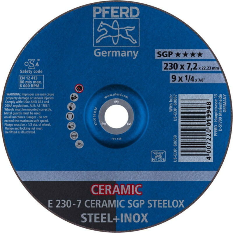 FP - pferd Schruppscheibe e 230x7,2x22,23 mm ceramic Leistungslinie sg steelox für Stahl/Edelstahl