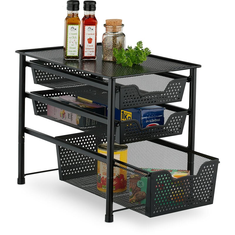 Relaxdays - Schubladenregal, stapelbarer Büro Organizer, 3 Ausziehkörbe, Metall, Küche, Bad, hbt: 35x28x42,5 cm, schwarz