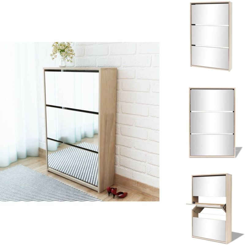 Schuhschrank mit 3 Fächern Spiegel Eiche-Optik 63x17x102,5 cm - Spiegel Schrank - Schuhschrank - Flurmöbel - Schuh Regal - Eiche Optik