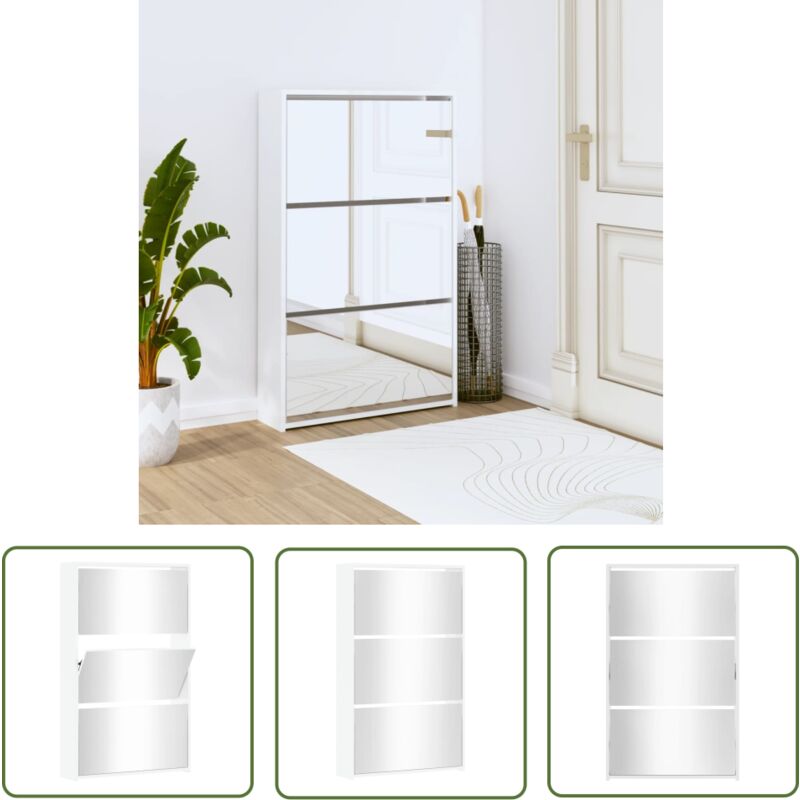 The Living Store Schuhschrank mit Spiegel 3 Fächer Hochglanz-Weiß 63x17x102,5 cm - Schuhschrank - Schrank - Garderobe - Schuhregal