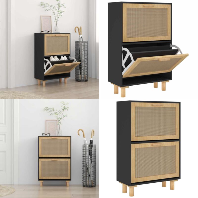 Schuhschrank Schwarz 52x25x80 cm Holzwerkstoff & Rattan Natur - Schuhschrank - Schrank - Garderobe - Einbauschrank - Holzwerkstoffmöbel - Home &