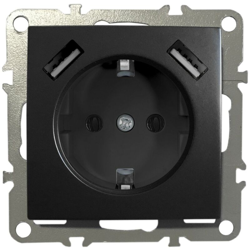 Schuko Steckdose Unterputz Schutzkontakt-Steckdose 1-Fach 16A 220-250V mit 2x usb 5V 1A Schwarz Matt
