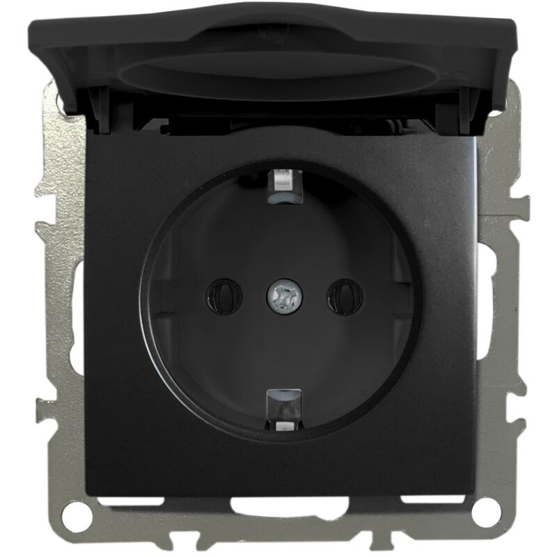 Schuko Steckdose Unterputz Schutzkontakt-Steckdose 1-Fach 16A 220-250V mit Deckel Schwarz Matt