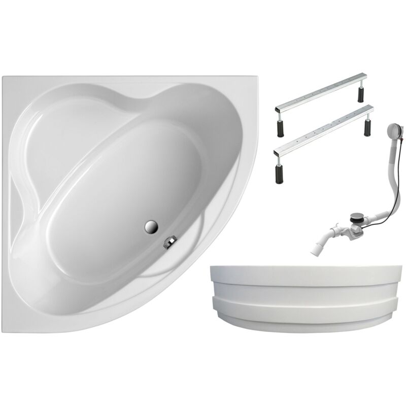 Eckbadewanne Coralia - 140x140 cm, aus hochwertigem Sanitäracryl, Weiß glänzend, Komplett Set inkl. Schürze, Fußgestell und Ablauf - Schulte