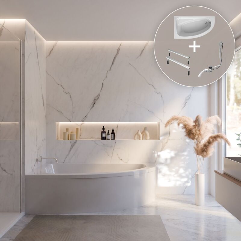 Schulte - Eckbadewanne Baia - 160x90 cm, aus hochwertigem Sanitäracryl, Weiß glänzend, Komplett Set inkl. Fußgestell und Ablauf, Version links