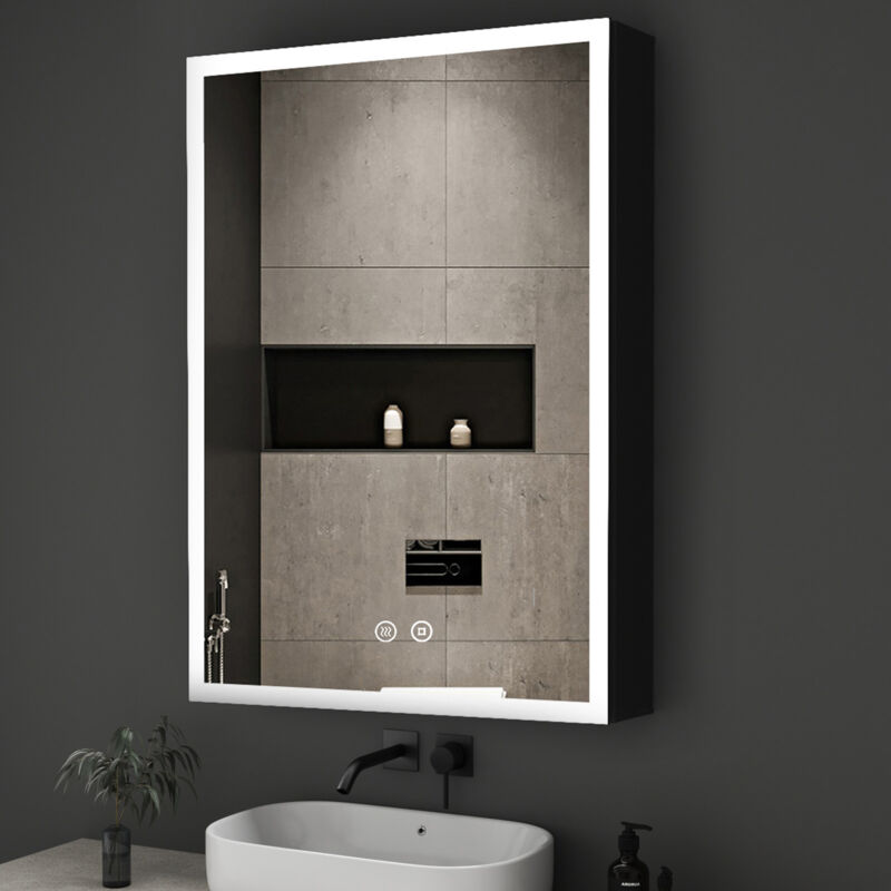 Schwarz Spiegelschrank Bad mit Beleuchtung 50 x 70 cm, LED Spiegelschrank mit Beleuchtung Badezimmerschrank Bad-Hängeschränke Medizinschrank mit
