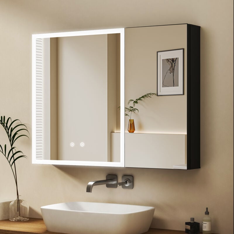 Schwarz Spiegelschrank mit Beleuchtung 80 x 60 cm, Bad-Hängeschränke LED Spiegelschrank Bad mit Beleuchtung Medizinschrank mit Touch-Schalter, 3