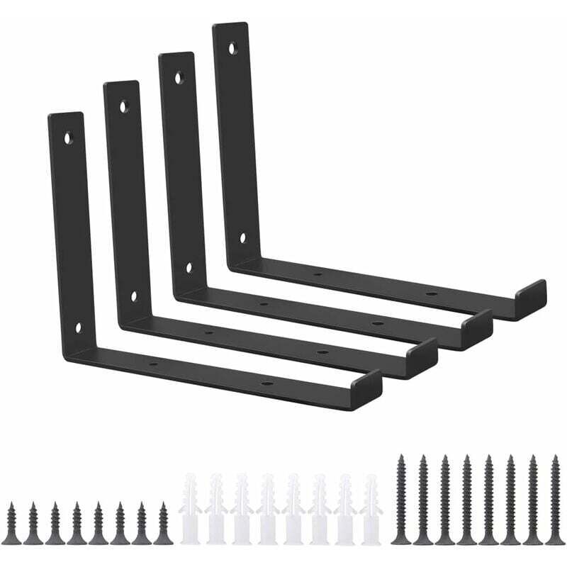 Schwarze Regalhalterungen aus Metall, 4er-Set, robuste, abgewinkelte L-förmige Regalhalterungen, 200 mm, für an der Wand montierte Bücher, moderne