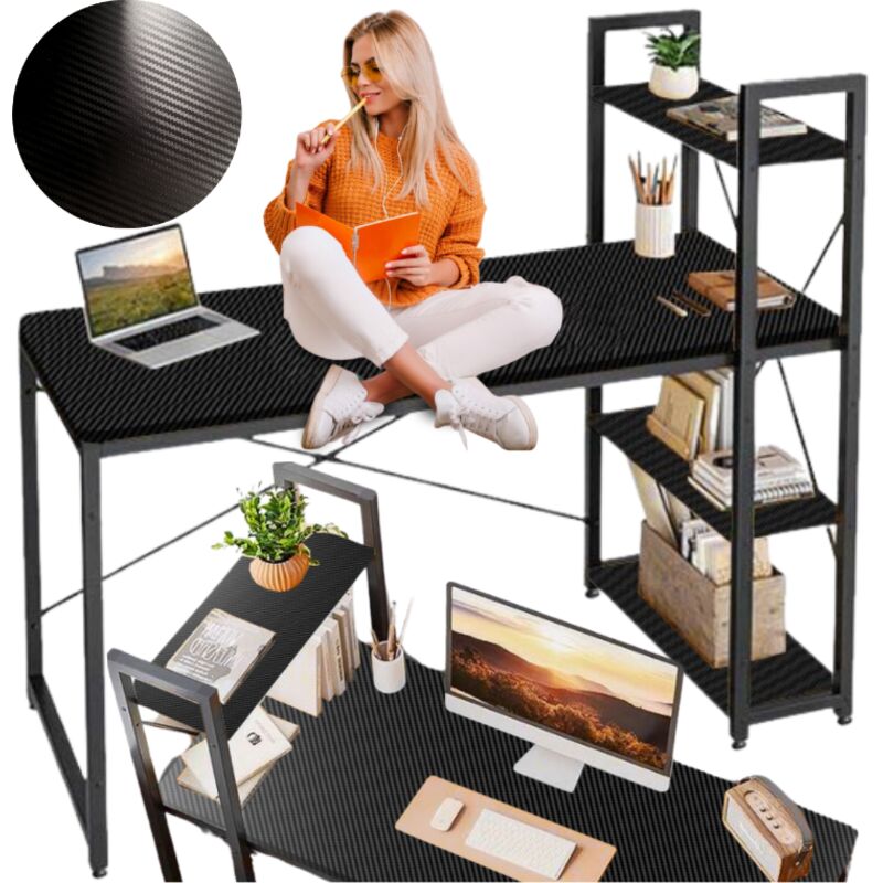 Schwarzer Loft-Computertisch mit Metallregalen für Spiele und die Schule