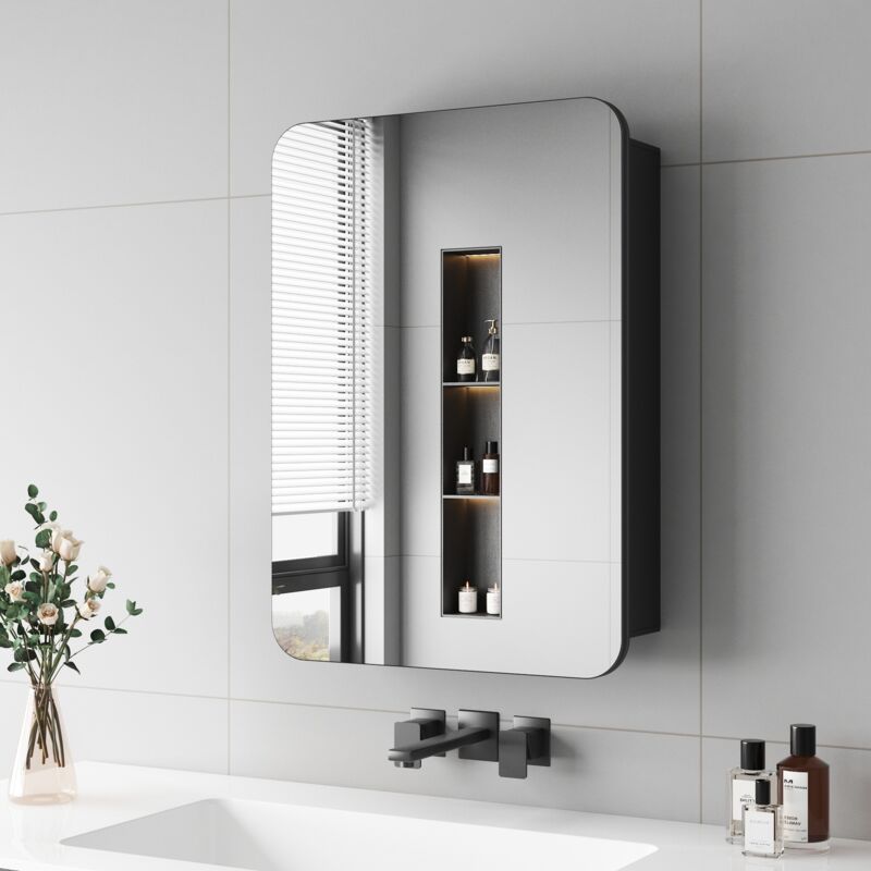 Schwarzer Spiegelschrank Bad mit Innenspiegel 40 x 60 cm Badschrank Spiegelschränke Medizinschrank Badezimmer Spiegelschrank Schwarz