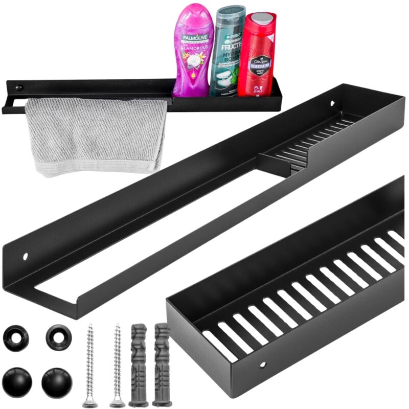 Schwarzes Badezimmerregal in der Dusche für Handtücher und Kosmetik