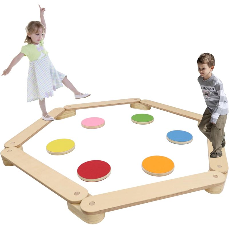 Schwebebalken Balancierbalken Kinder mit 6 Balanciersteine und 6 Balancepedal Balance Board aus Holz Balancieren Spielzeug für Kinder ab 3-7 Jahren