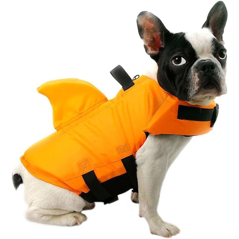 Schwimmweste für Hunde, Sicherheitsweste, für Welpen und Haustiere, verstellbarer Badeanzug mit Haifischflosse (l, Orange)
