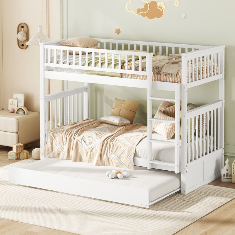 Etagenbetten 90 x 200 cm, Kinderbetten, Dreibettzimmerbetten, Etagenbetten mit Ausziehbett, hohes Geländer, stabile Treppe, weiß