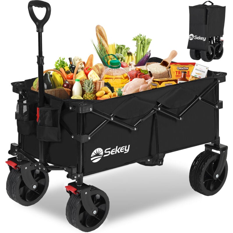 150KG Bollerwagen Faltbar Handwagen mit Bremsen und breiten Reifen, 4-fach zusammenklappbares Design, Schwarz - Sekey