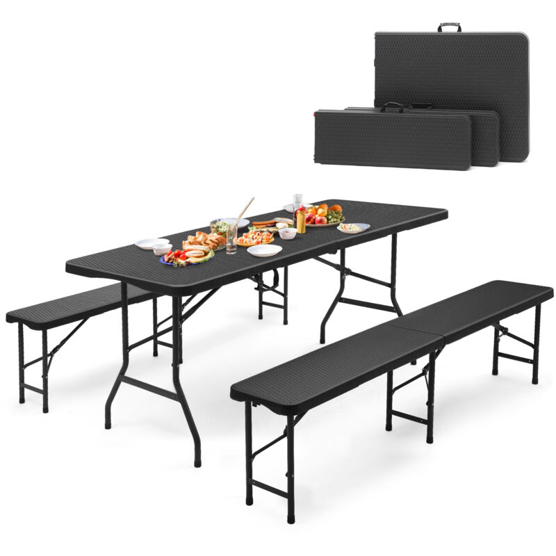 Bierzeltgarnitur Klappbar, Kunststoff Biertischgarnitur 180cm, 3-teilig Set Tisch + 2 x Bierbank mit Tragegriffe, Gartenmöbel Set für drinnen