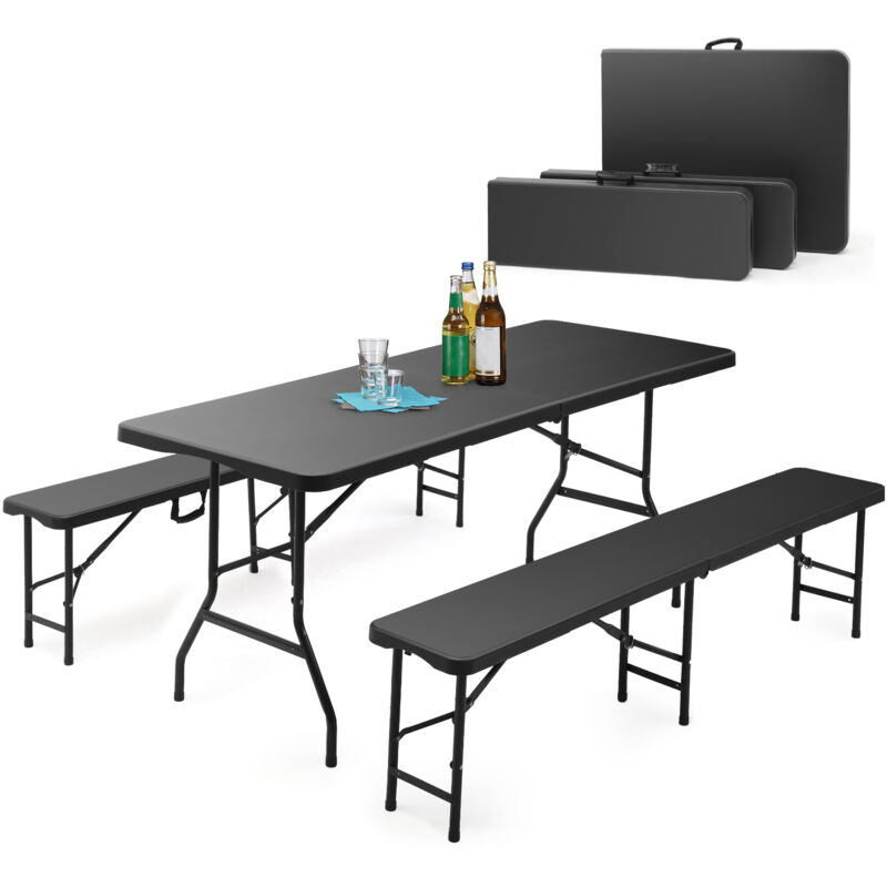 Sekey Bierzeltgarnitur Klappbar Kunststoff Tisch + 2 x Bierbank mit Tragegriffe Gartenmöbel Set 180cm Festzeltgarnitur für drinnen - draußen