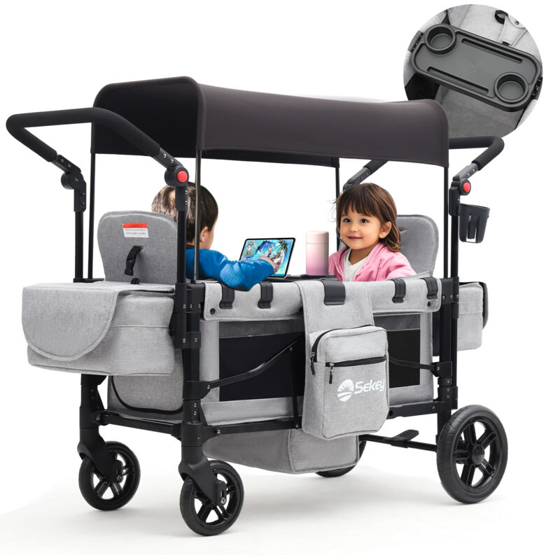 Bollerwagen für Kinder zum Sitzen, Bollerwagen Faltbar Kinderwagen für 2 Kinder, mit 2 integrierten 5-Punkt-Gurtsystem, Grau - Sekey