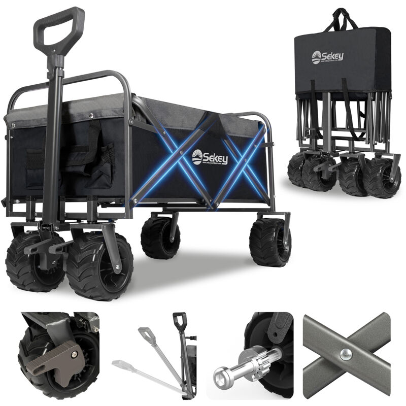 Bollerwagen Faltbar Transportkarre mit PU-Reifen, Teleskopstange und 200kg Tragkraft, Schwarz und Grau - Sekey