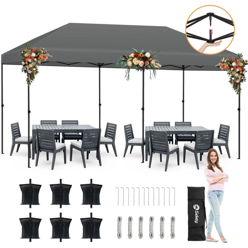 Faltpavillon 3 x 6 m Pop Up Pavillon Partyzelte Festzelt Gartenzelt Wasserdicht, UV-Schutz 50+ für Camping / Garten / Hochzeit, Grau - Sekey