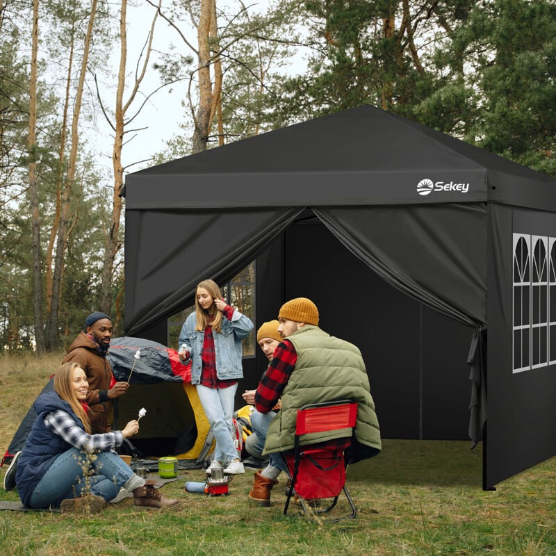 Pavillon 3 x 3 m mit 4 Seitenteile, Faltpavillon Pop Up Pavillon Faltbar - mit 4 Sandsäcke - Wasserdicht Stabil Winterfest, Schwarz - Sekey