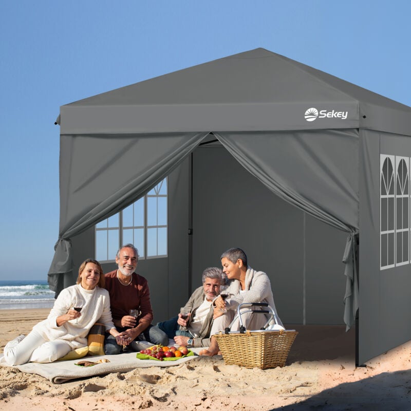 Sekey Pavillon 3 x 3 m mit 4 Seitenteile, Faltpavillon Pop Up Pavillon Faltbar - mit 5 Sandsäcke - Wasserdicht Stabil Winterfest, Grau