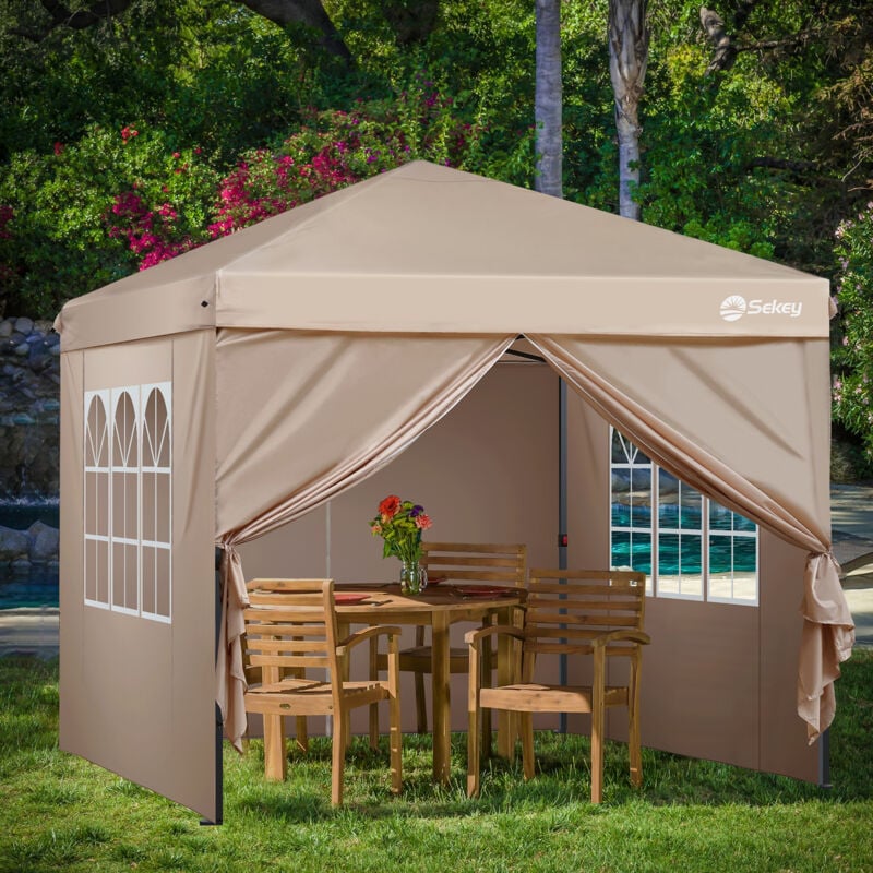 Pavillon 3 x 3 m mit 4 Seitenteile, Faltpavillon Pop Up Pavillon Faltbar - mit 6 Sandsäcke - Wasserdicht Stabil Winterfest, Taupe - Sekey