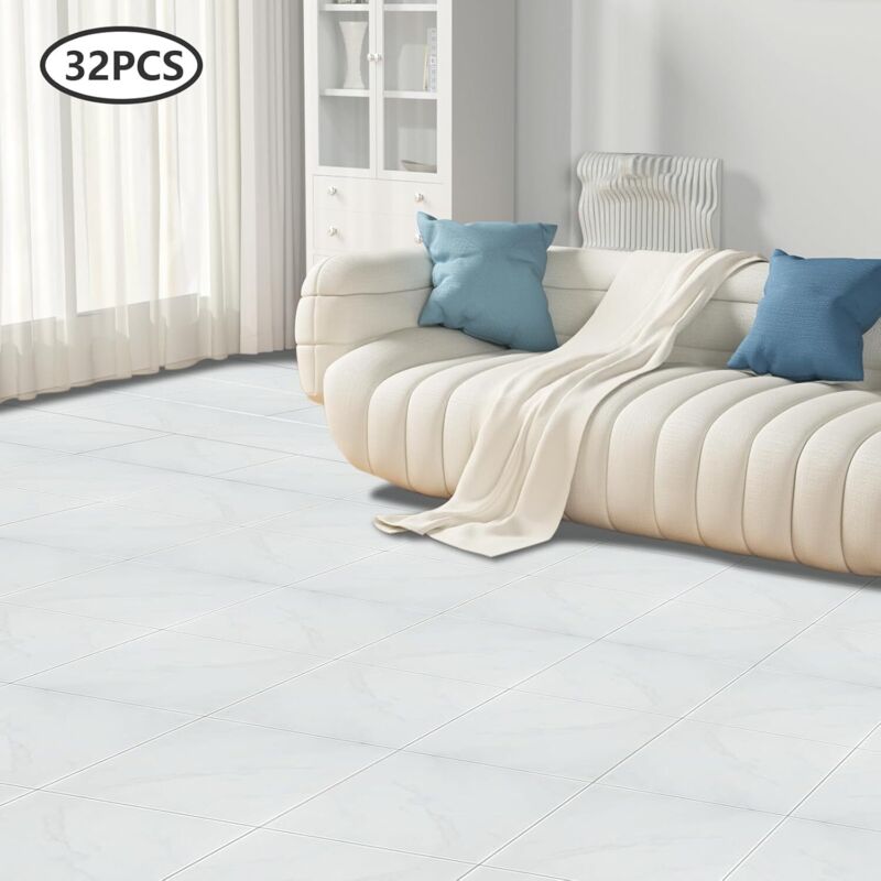 Selbstklebende Fliesen Boden, PVC Fliesen Selbstklebend Vinyl Bodenbelag Wasserdicht Fußboden Weiß Marmor, 32 Stück (30x30cm), für Bad Küche,