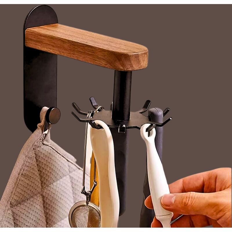 Selbstklebende WandhalterungKüchenutensilienständer in Walnussfarbe zum Aufhängen von Töpfen und Pfannen, Pfannenwendern, Löffeln, Kleiderbügelhalter