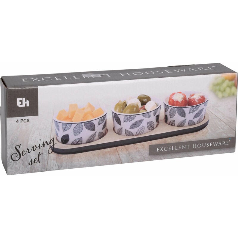 Excellent Houseware - Servier-Set für Snacks: Tablett und 3 Porzellanschalen, ø 10 cm
