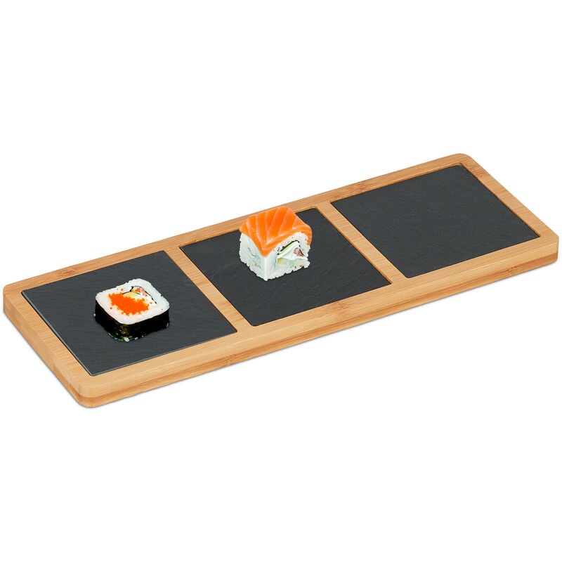 Relaxdays Servierbrett mit Schieferplatten, HBT: 1,5x34x12 cm, Sushi, Käse, Wurst, Servierplatte Bambus, natur/anthrazit