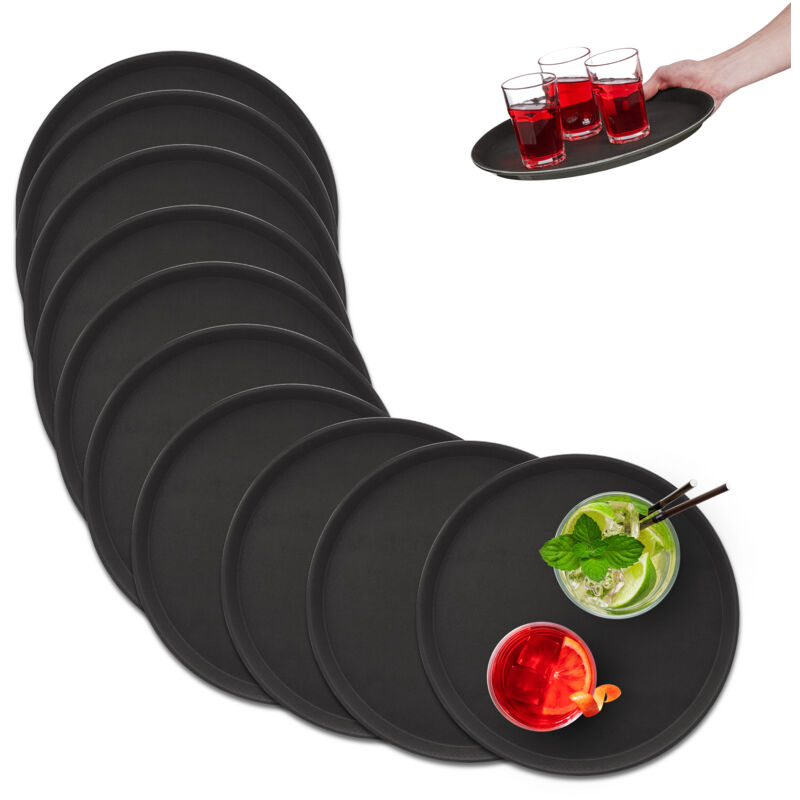 Relaxdays Serviertablett im 10er Set, rutschfeste Oberfläche, rundes Kellnertablett, Gastronomie, Ø 35 cm, schwarz