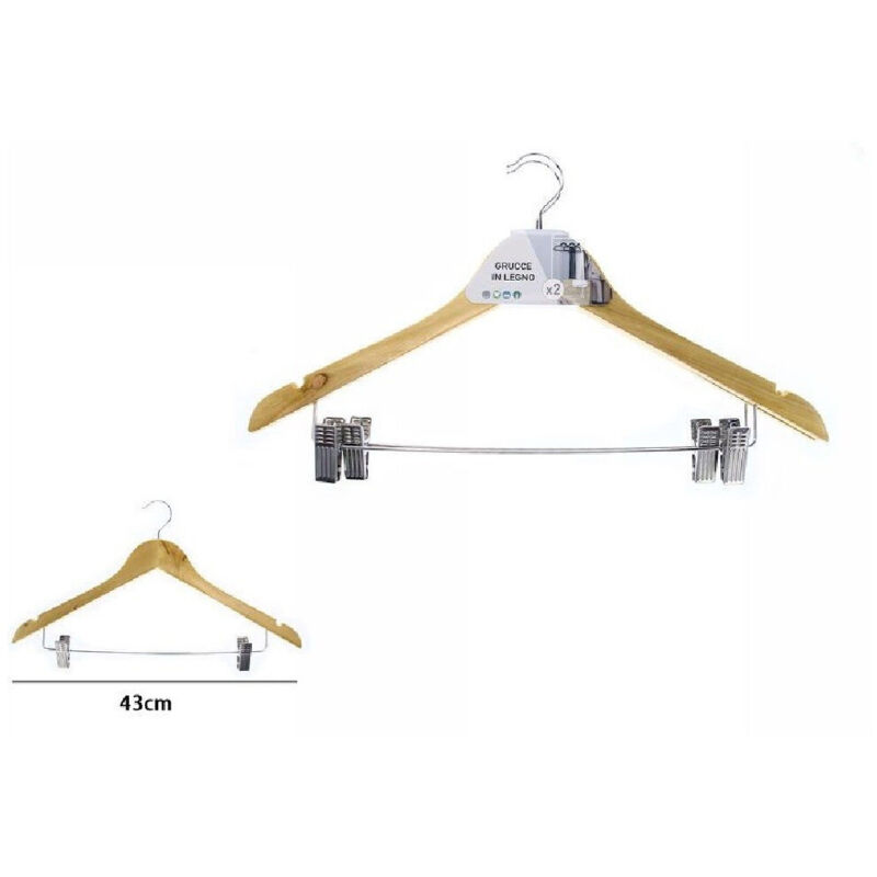 Trade Shop Traesio - Trade Shop - set mit 2 kleiderbügeln holzkleiderbügel mit clips für hosen, jacken, röcke 71361 -