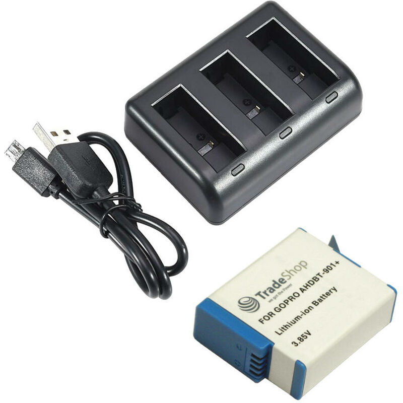 Set-Angebot: 3-fach Ladegerät für GoPro Hero 9 Hero 10 Hero 11 + Li-Ion Akku (3,85V / 1900mAh) ersetzt AHDBT-901 ADBAT-001