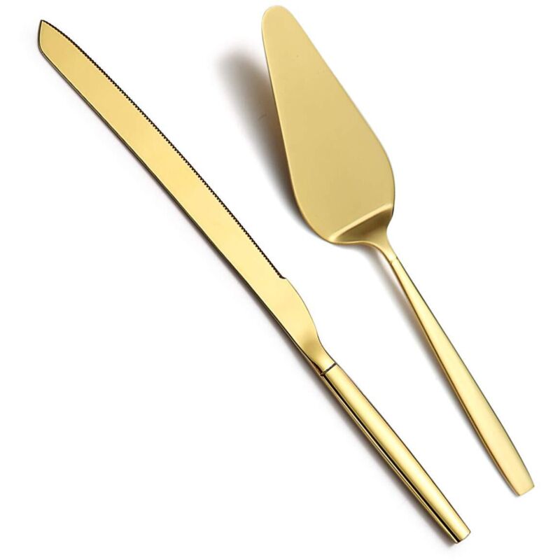 Set aus 2 goldenen Serviermessern aus Edelstahl für Kuchen, Torten und Gebäck, ideal für Hochzeiten, Geburtstage, Partys und Veranstaltungen.