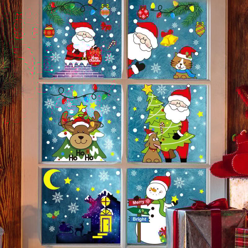 Set bq178 - 183 (von 6), statische Fensteraufkleber Weihnachten große Fensteraufkleber Weihnachtsmann Schneemann Rentier Frohe Weihnachten