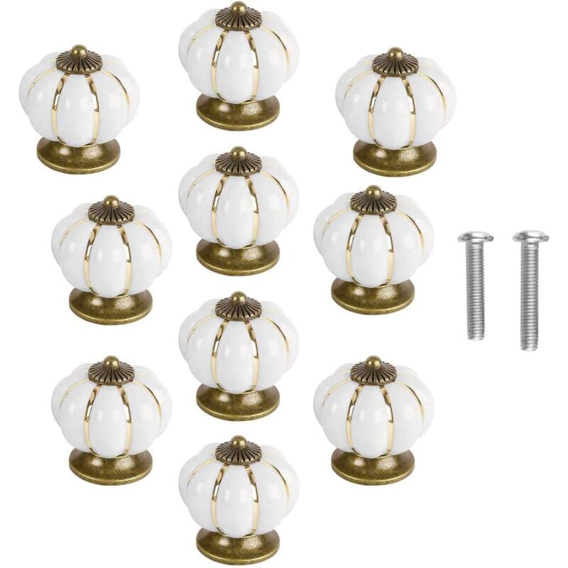 Memkey - 10 Stück Vintage-Keramik-Türknäufe in Kürbisform für Schrank, Schublade, Schrank, Heimdekoration – Weiß